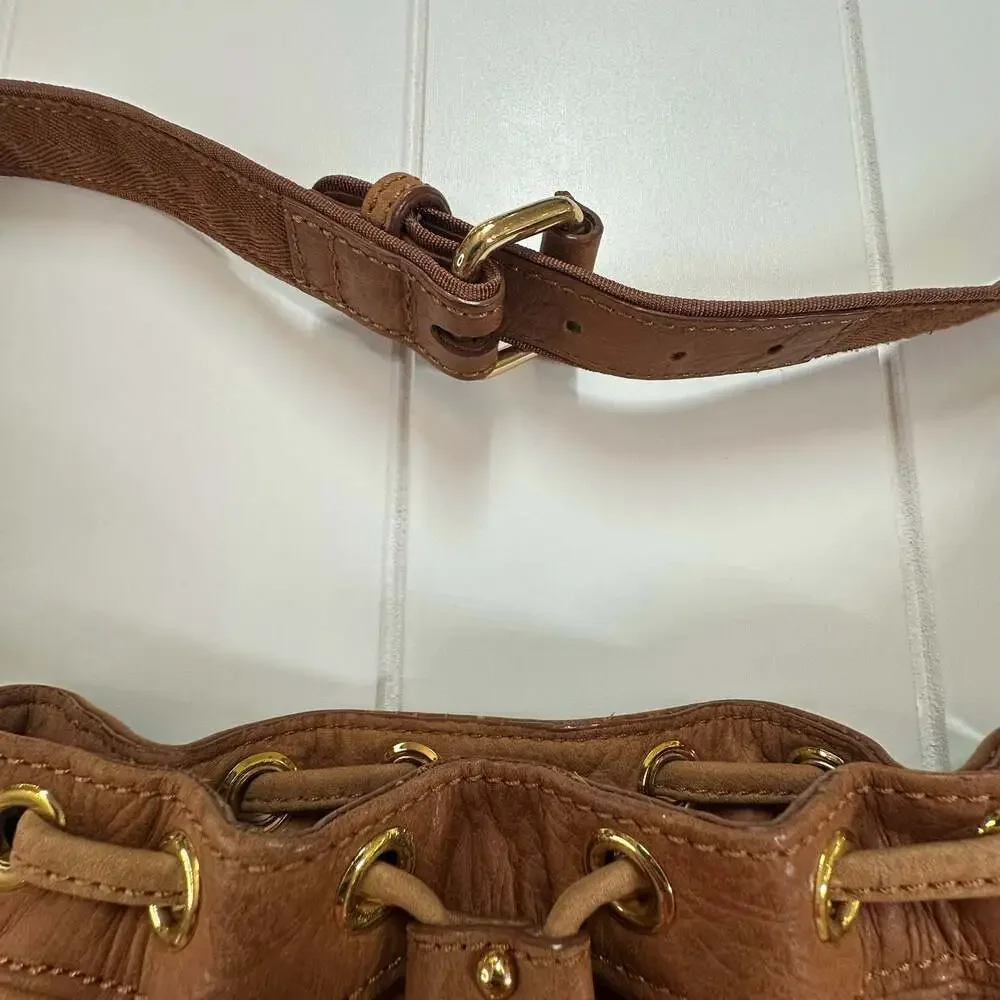 Boho Juicy Couture Brown Pebbled Leather Drawstring Bucket Crossbody Bag